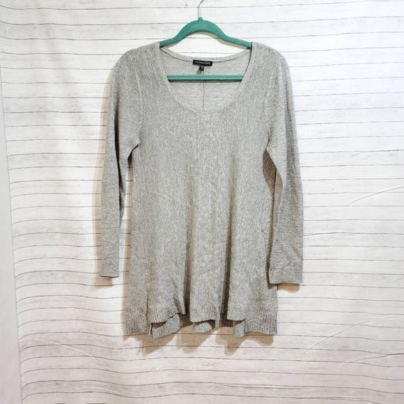 EILEEN FISHER GRAY LONG LINED LIGHT SWEATER, 50% LINEN, SZ XS LIKE NEW! - Picture 1 of 8